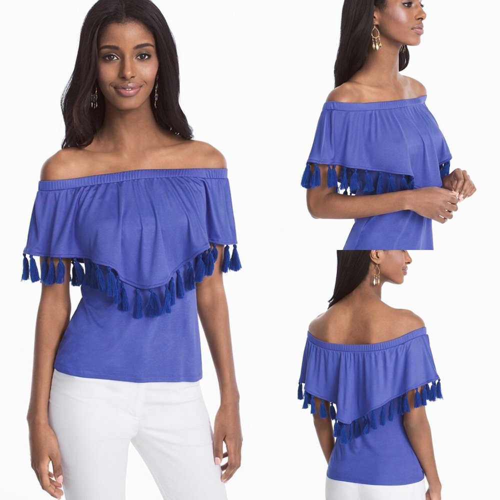 WHBM Yuma Off the Shoulder Tassel Top XS Blue